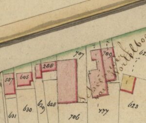 Afbeelding: uitsnede van de kadastertekening van Oude Pekela door J. Kater uit 1855, Groninger Archieven. Klik om de gehele kaart van dichtbij te zien